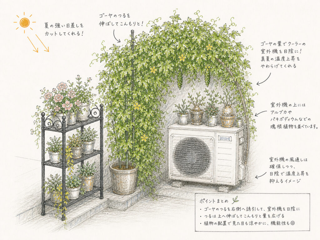 エアコン室外機をゴーヤのグリーンカーテンで日陰にし、周囲にアルブカなどの多肉植物を配置したベランダ菜園のイメージ図